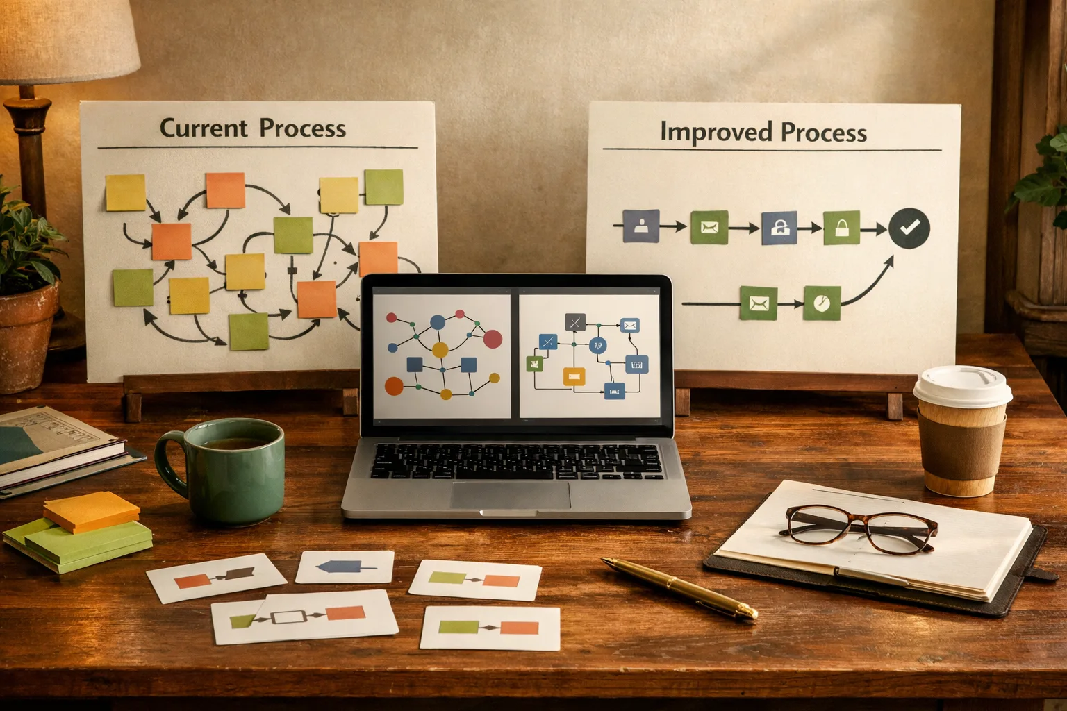 Before and after workflow boards showing how AI turns messy work into a repeatable system