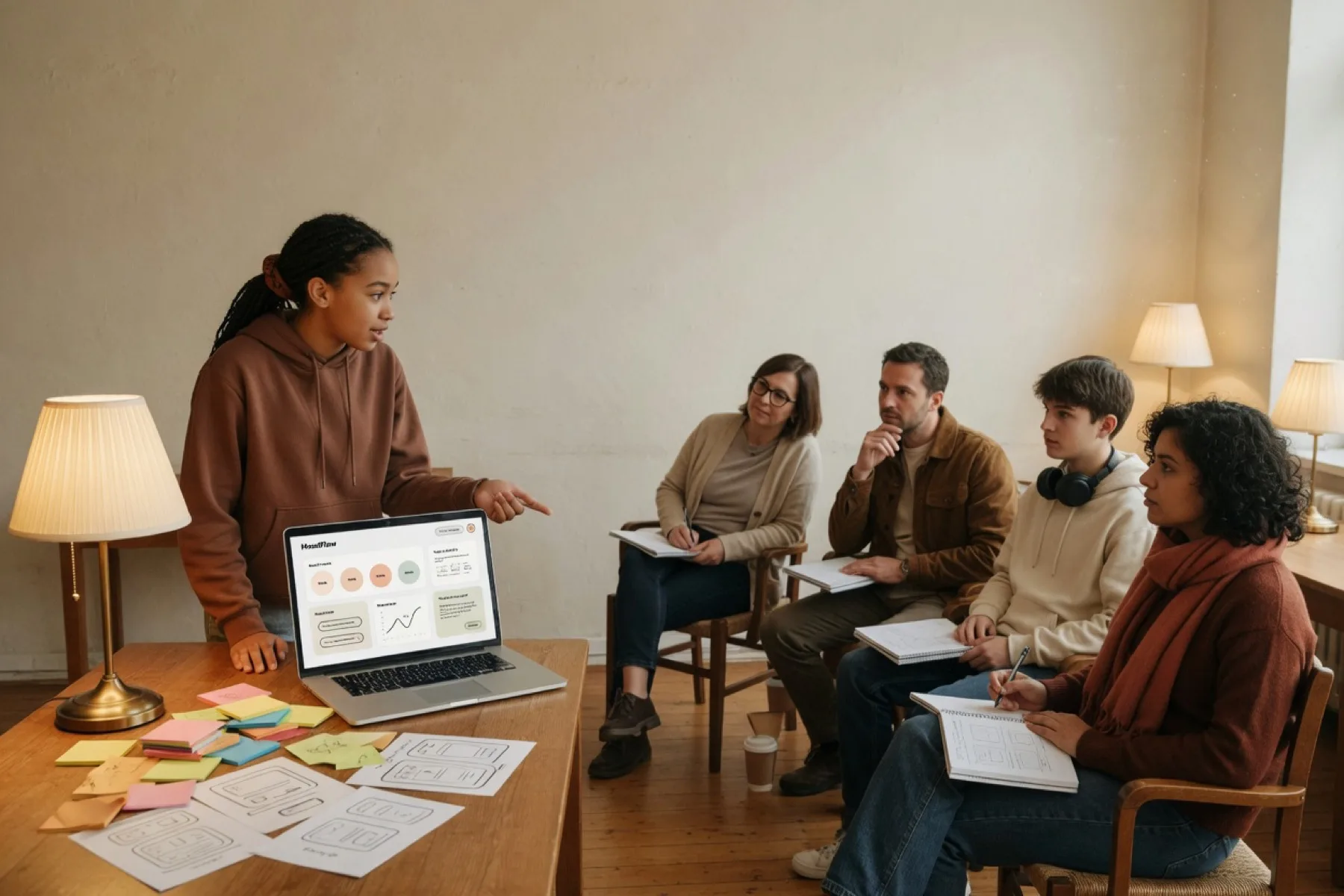 A teen presenting an app prototype to a small group