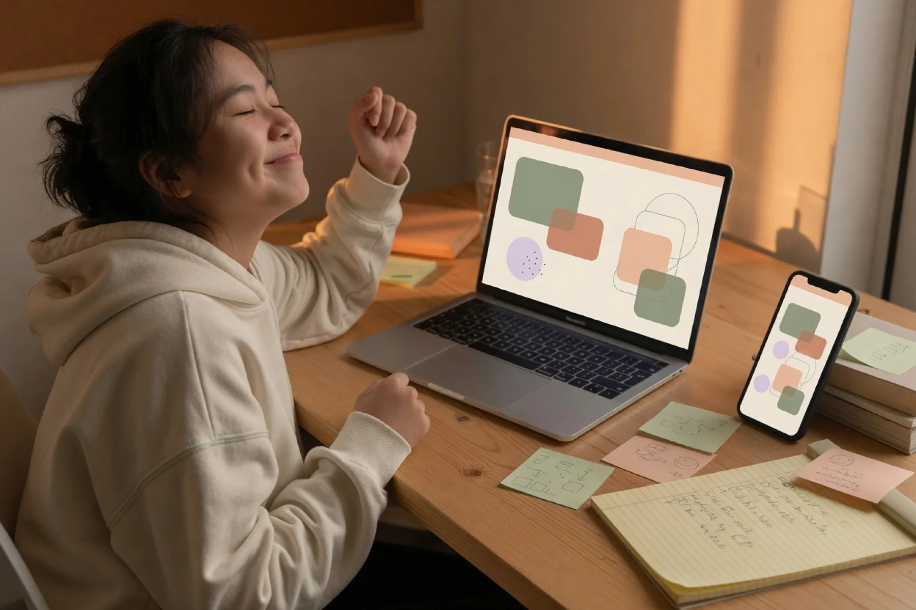A laptop and app planning notes in warm window light