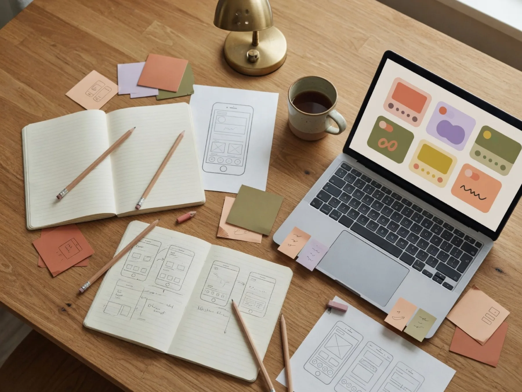 A warm table with notebooks, app sketches, and laptop planning screens