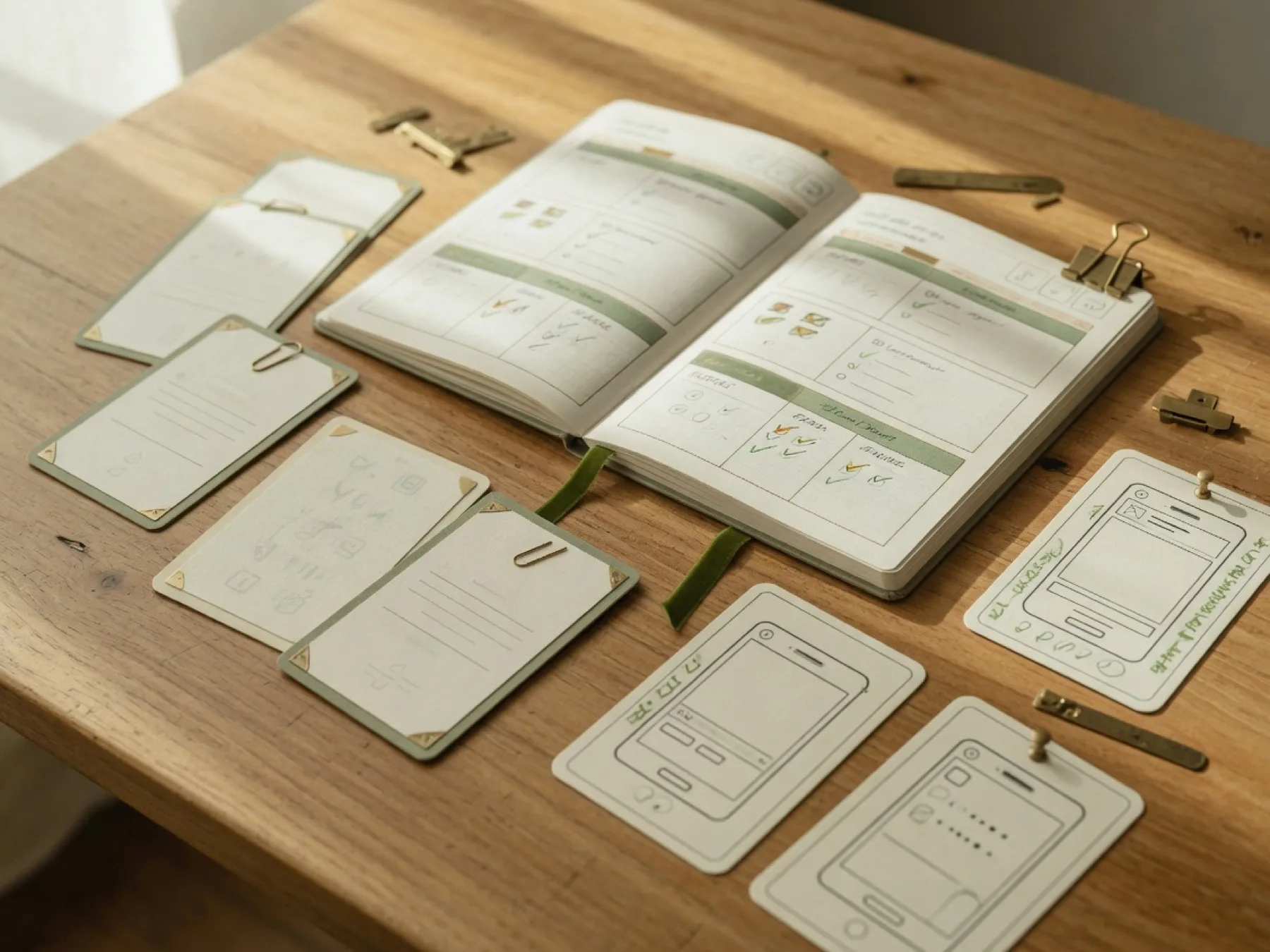 Prompt cards and app planning worksheets on a wood table