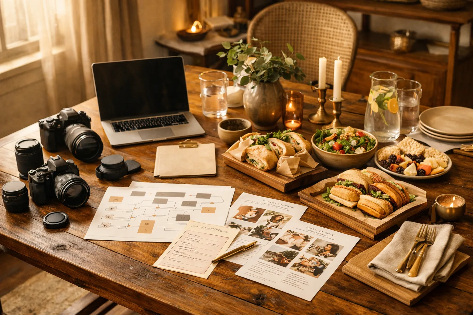A premium photography workshop planning table with cameras, notes, and travel materials